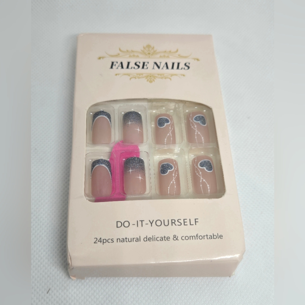 False Nails with Navy Blue and Pink Design